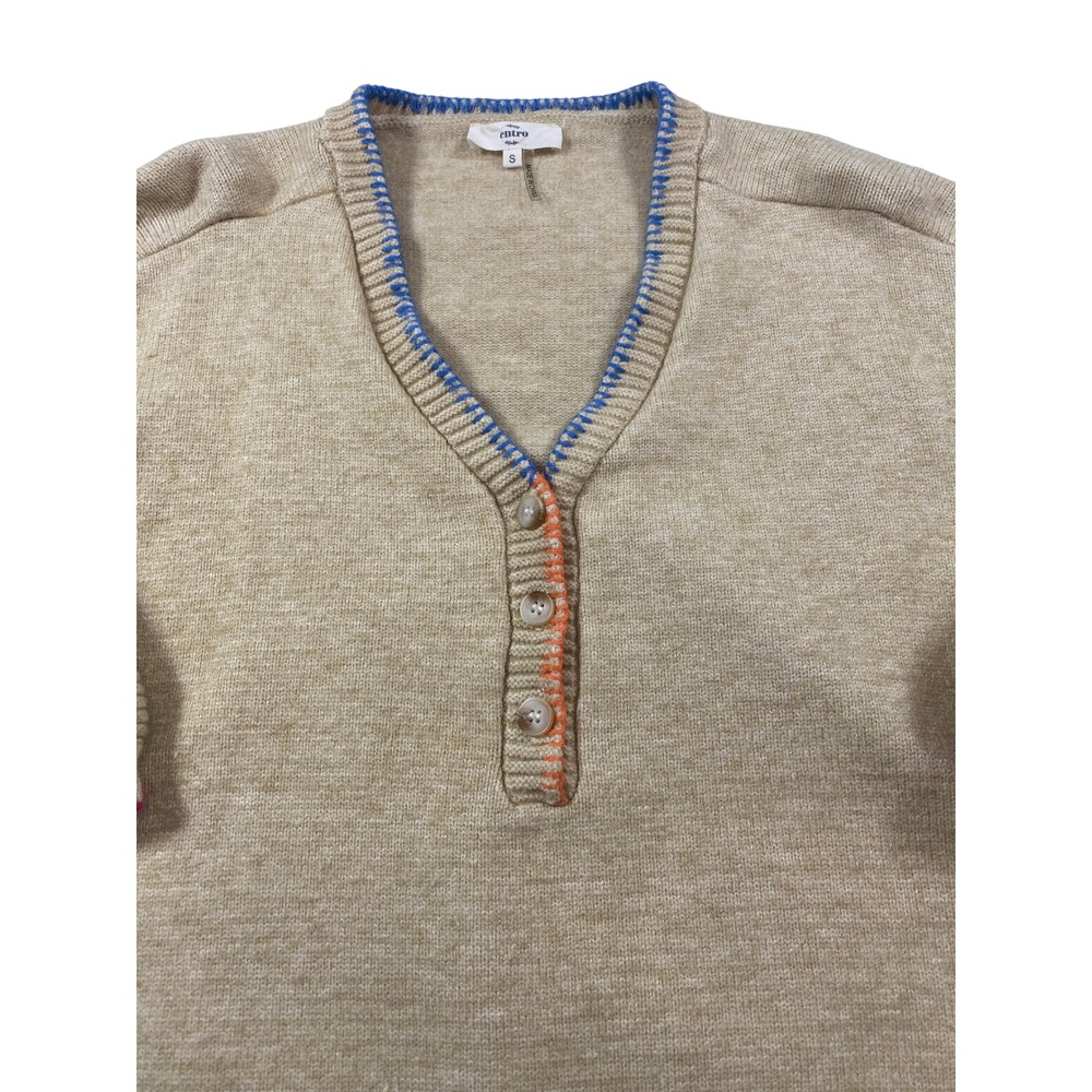 Entro Tan Oatmeal‎ Henley Sweater Small Whipstitch Balloon Sleeve Relaxed Fit